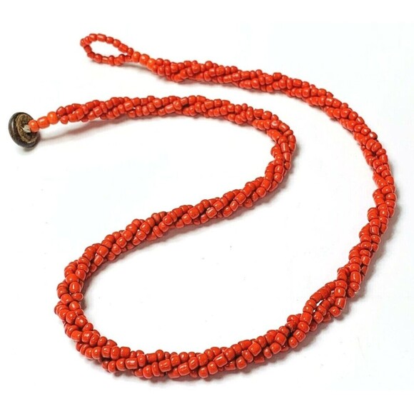Summertime Red Seed Bead Necklace 17" HandmadeTwisted Three Strand Button Clasp - Picture 1 of 8